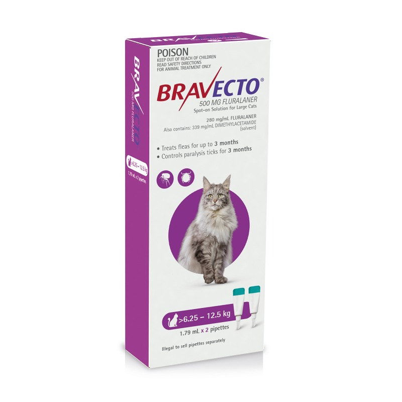 Bravecto 3 Month Protection Spot On for Large Cats (6.25 - 12.5kg) Pipette X 2 - Purple