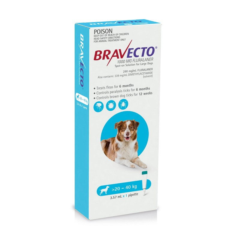 Bravecto 6 Month Protection Spot On for Large Dogs (20 - 40kg) Pipette X 1 - Blue